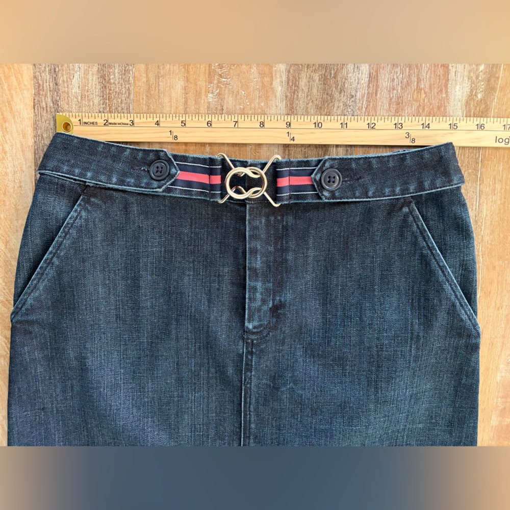 Talbots Dark Wash Denim Stretch Pencil Skirt Size 6 Gold Buckle Belt Accent - Picture 8 of 14